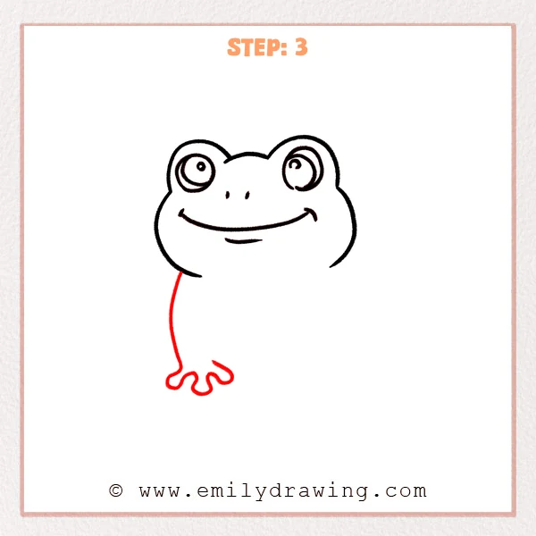 how to draw a cartoon frog - A cartoon frog with a finished face, plus a new long body line on the left and a simple three-toe front foot added below.